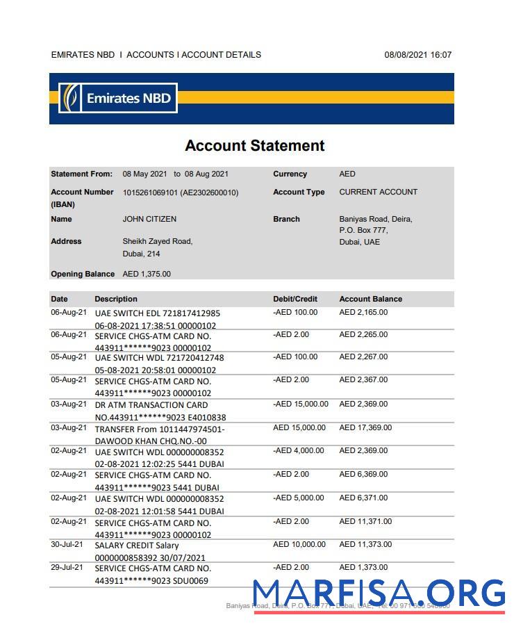 Downloadable UAE Dubai Emirates NBD bank statement excel sample